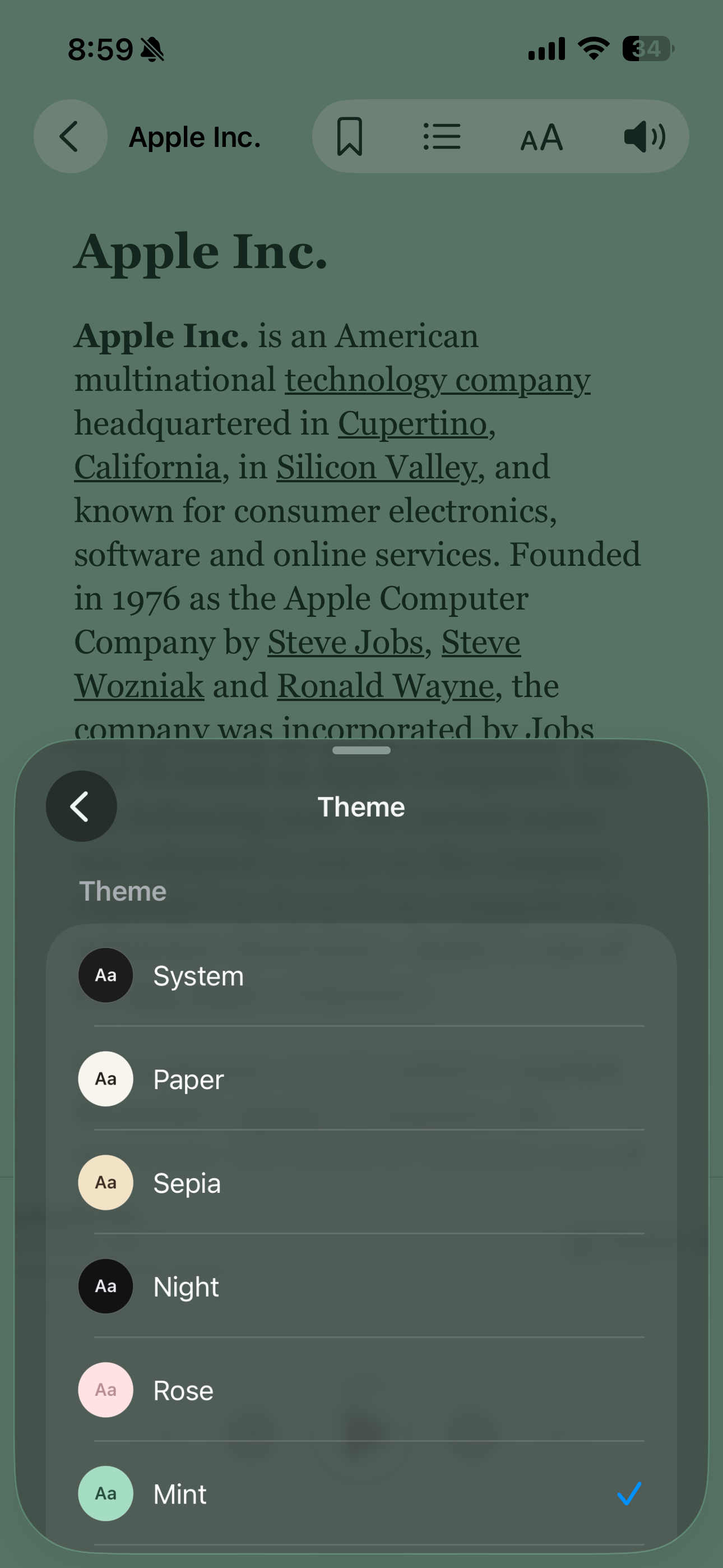 Loudleaf theme selection screen showing paper, sepia, night, rose and mint themes