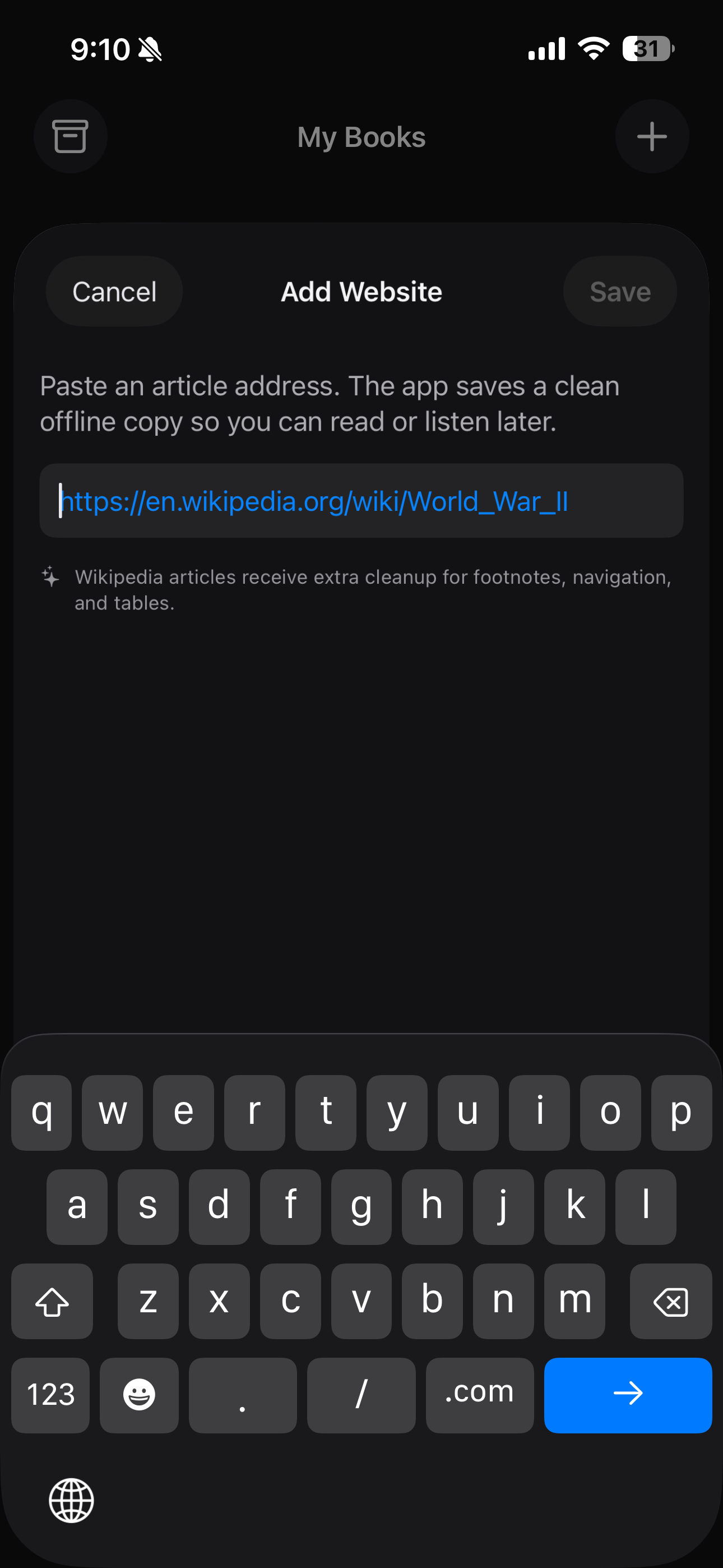 Loudleaf add website screen saving a Wikipedia article for offline listening